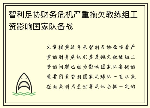 智利足协财务危机严重拖欠教练组工资影响国家队备战