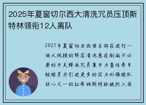 2025年夏窗切尔西大清洗冗员压顶斯特林领衔12人离队